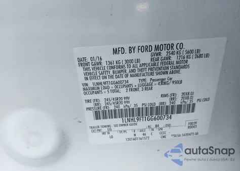 2016 Lincoln Mks Ecoboost z USA, uszkodzony, nr VIN 1LNHL9FT1GG600734